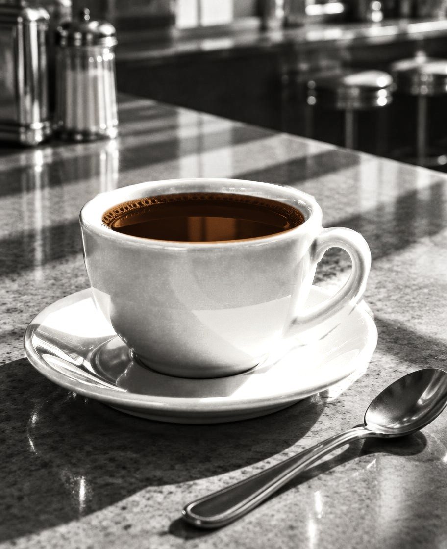 A white cup of black coffee on a diner counter